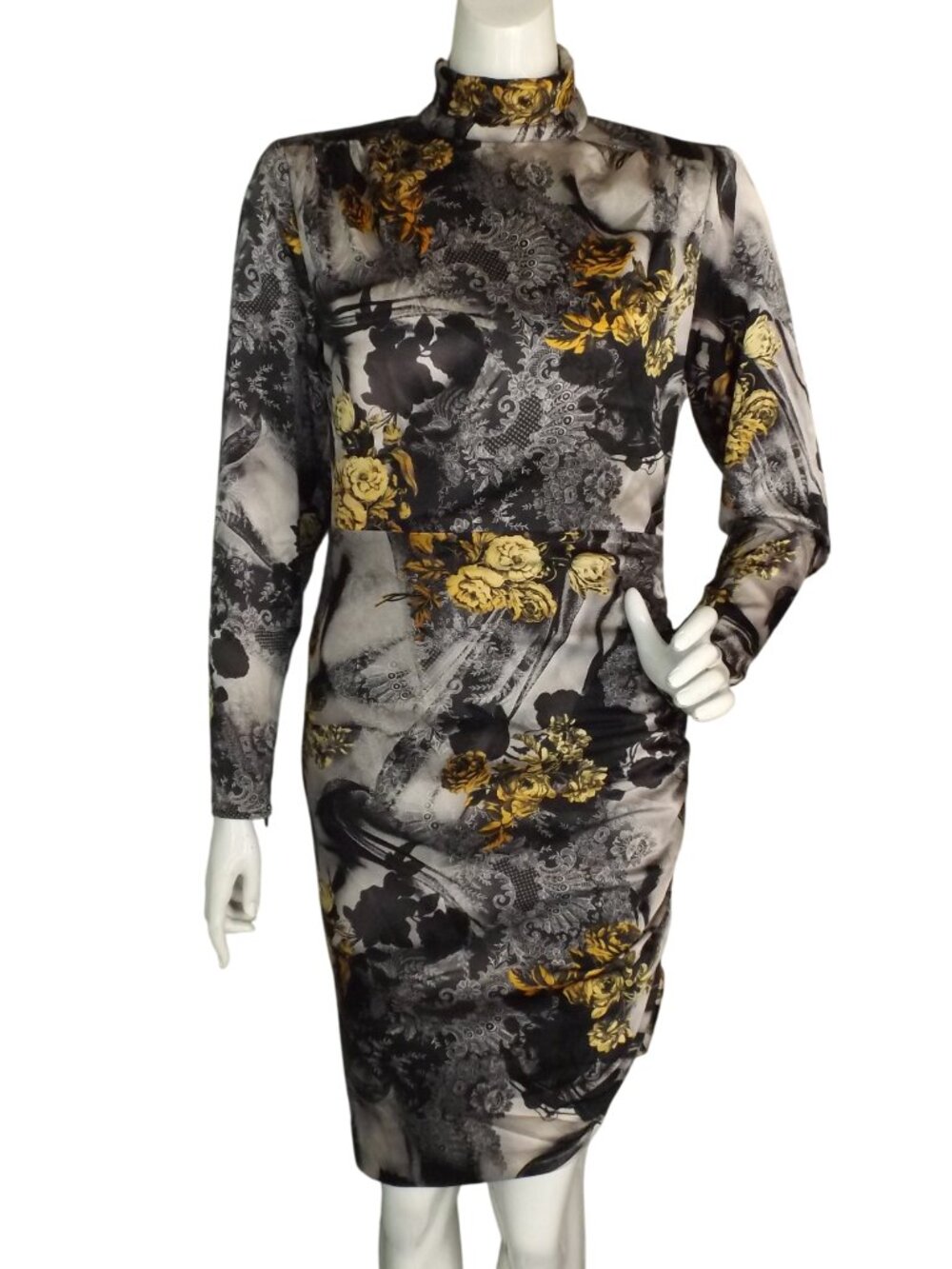 MARCIANO GUESS Dress, 4, Aurora lux print, Ruched side, long sleeve,Black Yellow